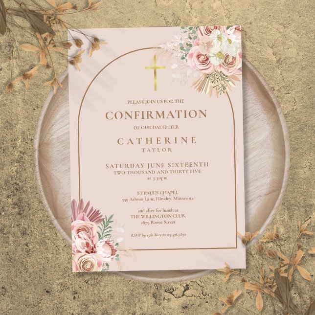 Convite Confirmação Floral de Grama Pampas de Arch Dourado (Pink Gold Arch Pampas Grass Floral Confirmation Invitation)