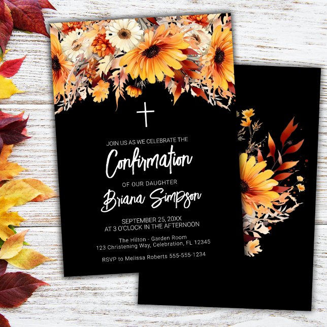 Convite Confirmação Floral de Outono Preto (Criador carregado)