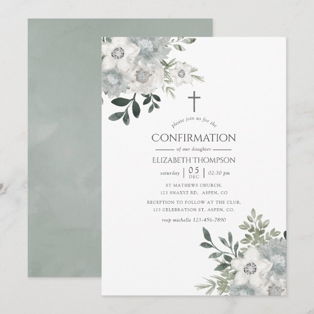 Convite Confirmação Floral de Sage Prata em Aquarela (Frente/Verso)