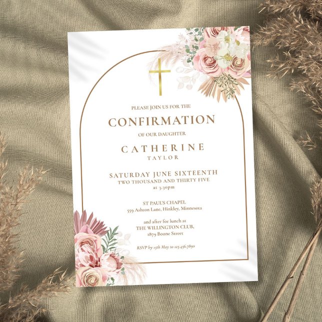 Convite Confirmação Floral Elegante de Pampas de Arca Dour (Elegant Gold Arch Pampas Grass Floral Confirmation Invitation)