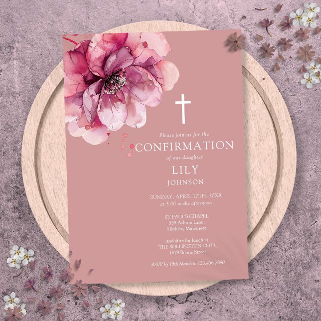 Convite Confirmação Floral em Aquarela Rosa Empoeirada Ele (Dusty Rose Elegant Watercolor Floral Confirmation Invitation)
