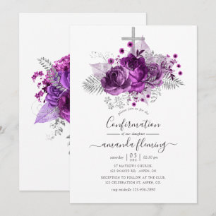 Convite Confirmação Floral em Aquarela Roxo e Prata