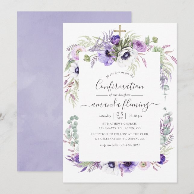 Convite Confirmação Floral em Aquarela Violeta Desbotada (Frente/Verso)