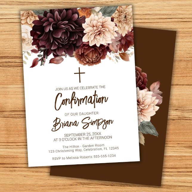 Convite Confirmação Floral Flores Bege Marrom (Criador carregado)