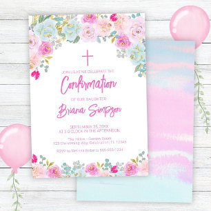 Convite Confirmação Floral Flores Rosa Azul Pêssego Roxo