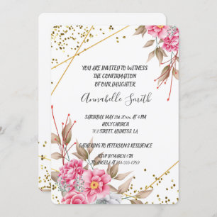 Convite CONFIRMAÇÃO FLORAL Gométrica Dourada do Quadro Ros
