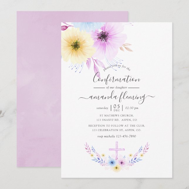 Convite Confirmação Floral Rosa e Azul Pastel (Frente/Verso)