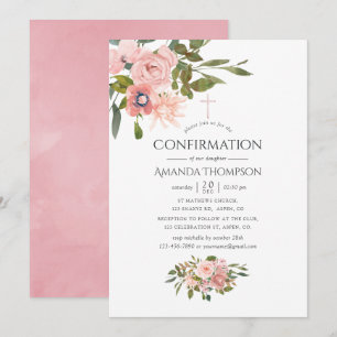 Convite Confirmação Floral Rosa e Dourado Rosa