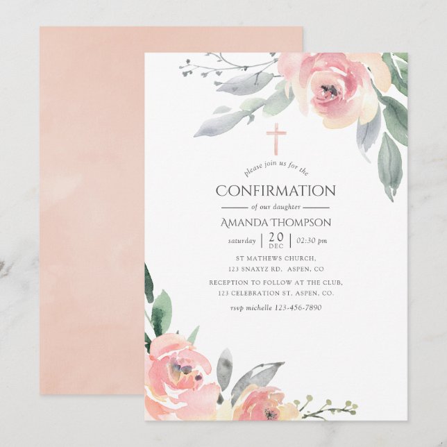 Convite Confirmação Floral Rosa Pastel (Frente/Verso)