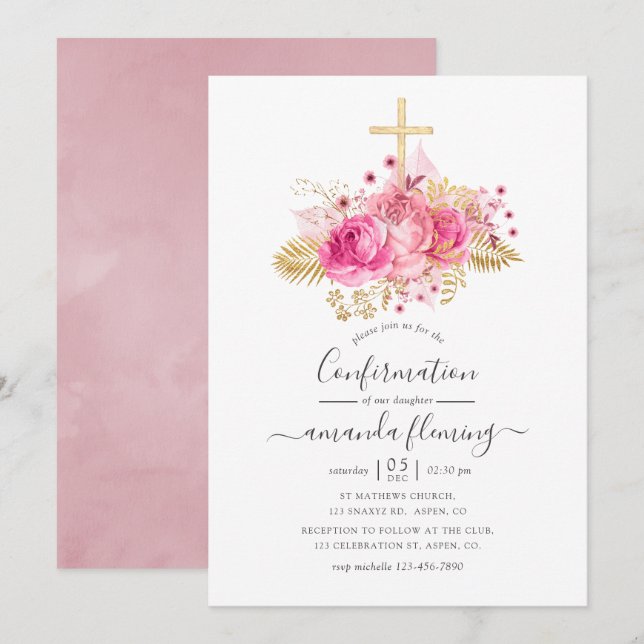 Convite Confirmação Floral Tropical Rosa e Dourado (Frente/Verso)