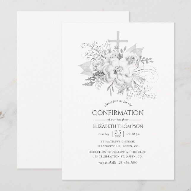 Convite Confirmação Floral Vintage Branco e Prata (Frente/Verso)