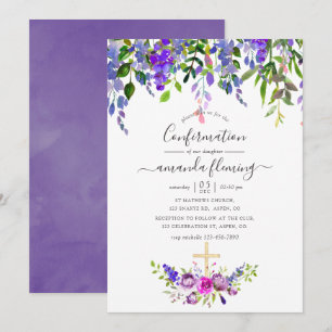 Convite Confirmação Floral Violeta em Aquarela