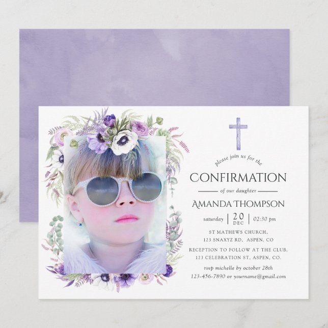 Convite Confirmação Floral Violeta Empoeirada (Frente/Verso)