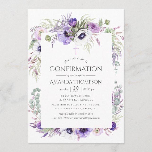 Convite Confirmação Floral Violeta Empoeirada (Frente)