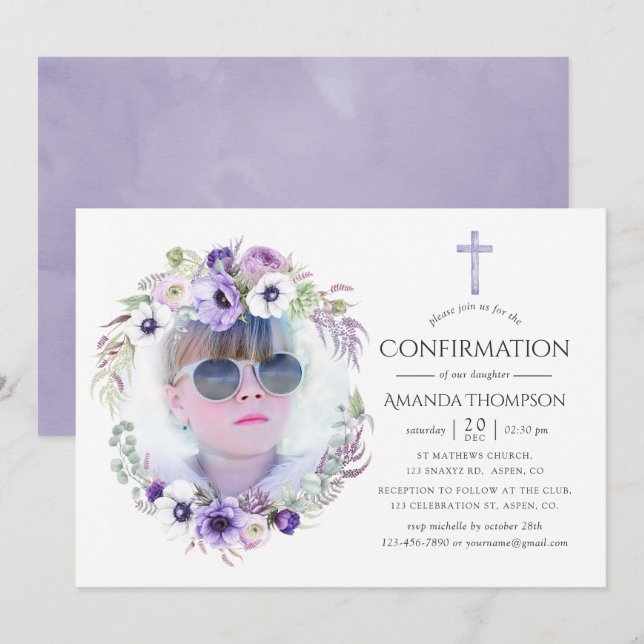 Convite Confirmação Floral Violeta Empoeirada (Frente/Verso)