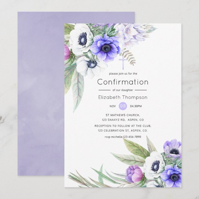 Convite Confirmação Floral Violeta Pastel e Ameixa (Frente/Verso)