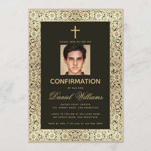 Convite Confirmação Foto Menino Preto e Dourado Vintage Fl