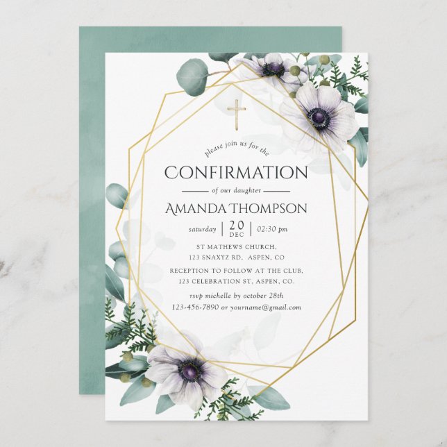 Convite Confirmação Geométrica Eucalyptus Anemone (Frente/Verso)