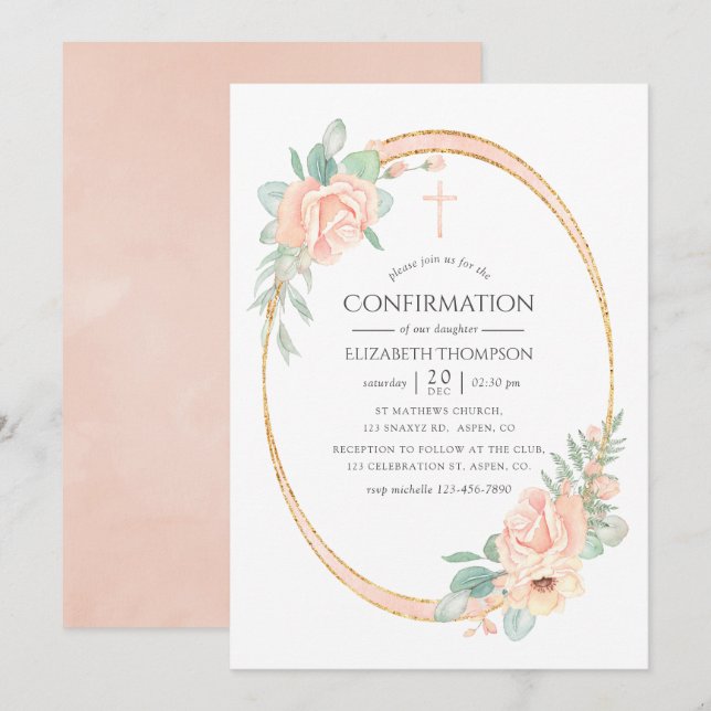 Convite Confirmação Geométrica Floral Pastel Rosa (Frente/Verso)