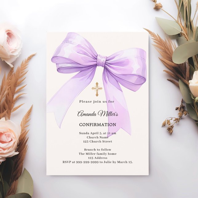 Convite Confirmação menina creme com laço Lavanda (Criador carregado)