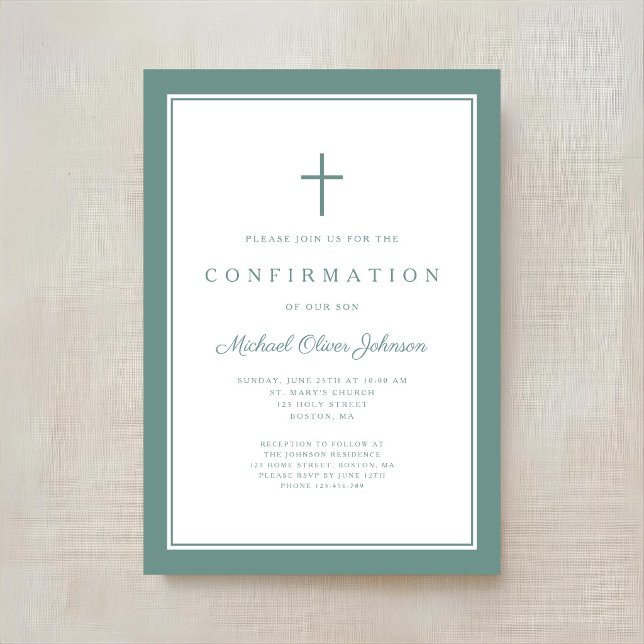 Convite Confirmação Menino Cruz Verde Moderna (Modern Green Cross Boy Confirmation Invitation)