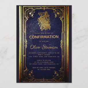 Convite Confirmação Menino Vintage Azul Dourado Livro Eleg
