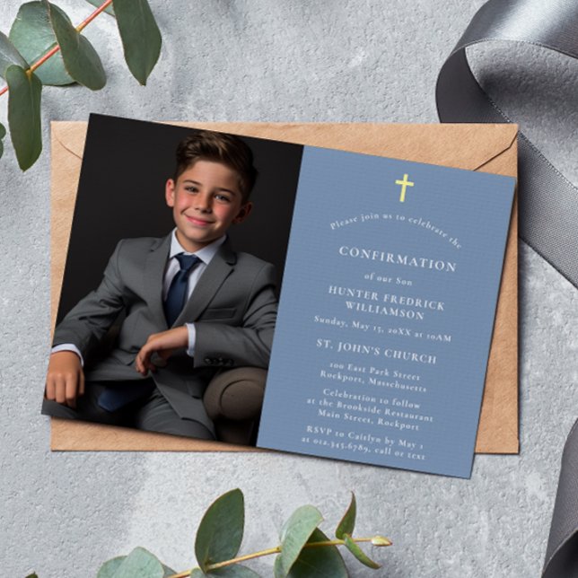 Convite Confirmação mínima de foto azul na moda moderna (Criador carregado)