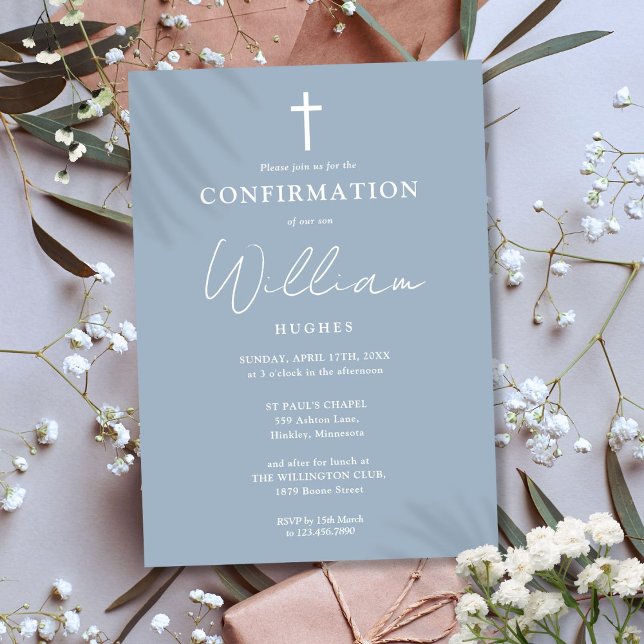 Convite Confirmação Minimalista Moderna Azul Empoeirado (Dusty Blue Modern Minimalist Confirmation Invitation)