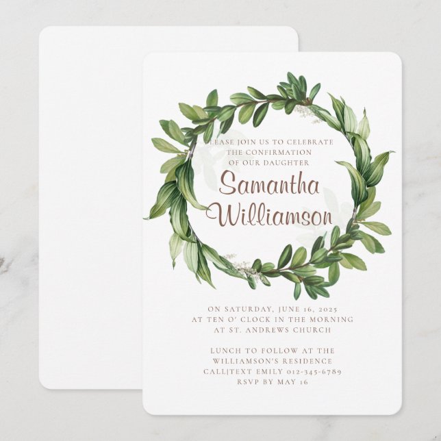 Convite Confirmação Moderna da Folhagem de Aquarela Verde (Frente/Verso)