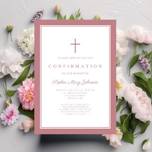 Convite Confirmação Moderna de Menina com Cruz Rosa Empoei