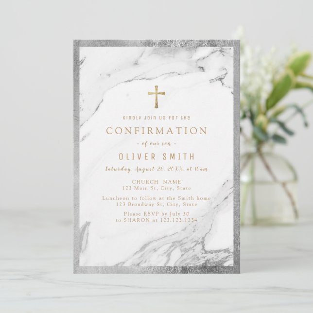 Convite Confirmação moderna do mármore prateado dourado (Em pé/Frente)