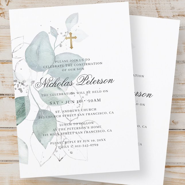 Convite Confirmação Para Ele | Dourada Cruz Foliar Moderna (Criador carregado)