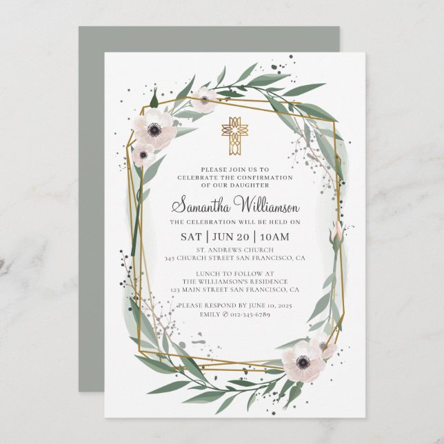 Convite Confirmação Para Sua Cruz Floral Geométrica Modern (Frente/Verso)