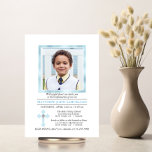 Convite CONFIRMAÇÃO Personalizada Cross Blue Boy | FOTO<br><div class="desc">Saborosos e delicados convites de CONFIRMAÇÃO personalizados, brancos e azuis, para rapazes. Moldura de folha de ouro em azul claro com FOTO / foto e cruz encantadora com losango falho. A parte de trás da carta tem o monograma do menino. Modelos Easy DIY - basta adicionar seu texto e sua...</div>