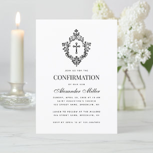 Convite Confirmação Religiosa Brasão Vintage Preto e Branc