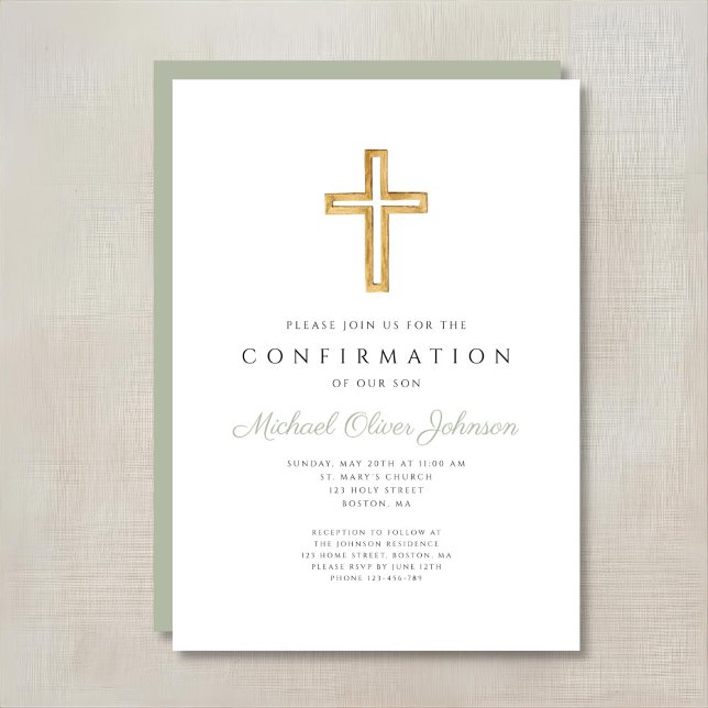 Convite Confirmação Religiosa Religiosa Elegante Sage (Elegant Sage Green Religious Cross Confirmation Invitation)