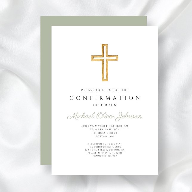 Convite Confirmação Religiosa Religiosa Elegante Sage (Elegant Sage Green Religious Cross Confirmation Invitation)