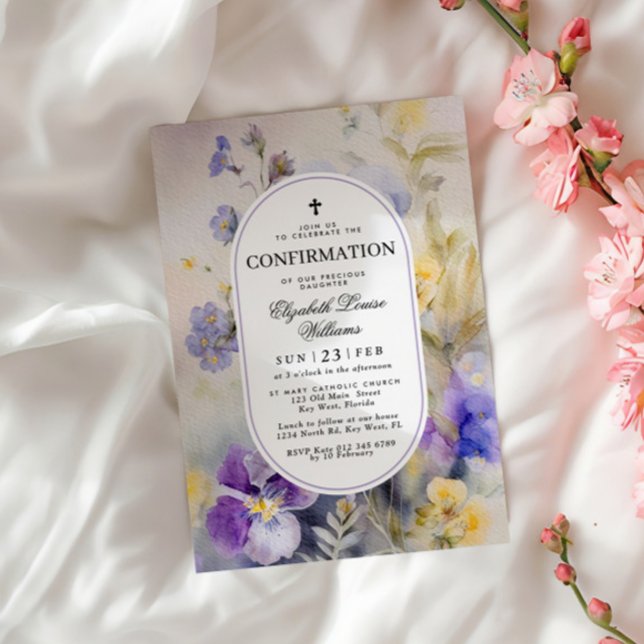 Convite Confirmação Rustic Watercolor Purple & Yellow (Criador carregado)