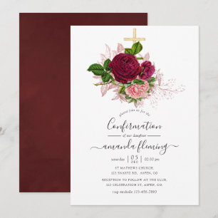 Convite Confirmação Vintage Shabby-Chic Rosa e Borgonha