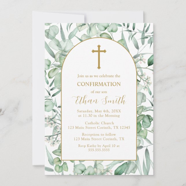 Convite Confirmation Eucalyptus leaves Invitation (Frente)