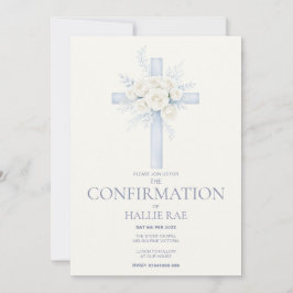Convite Confirmation for her, Modern Blue Floral Cross