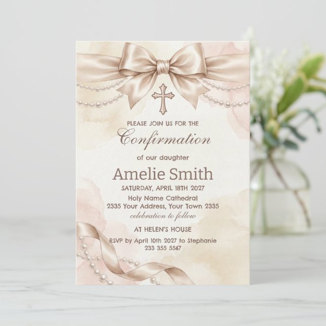 Convite Confirmation Invitation with Beige Bow and Pearls (Em pé/Frente)