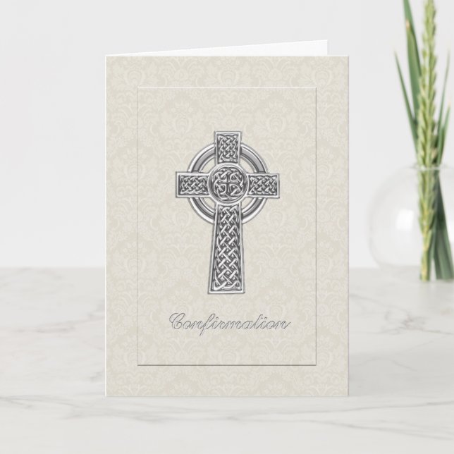 Convite Confirmation Ivory Damask with Silver  Cross (Frente)