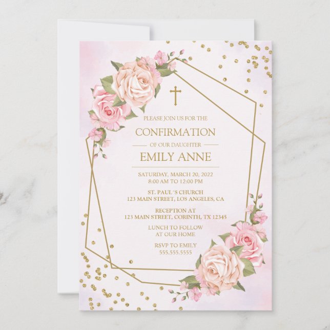 Convite Confirmation Pink Floral Invitation (Frente)