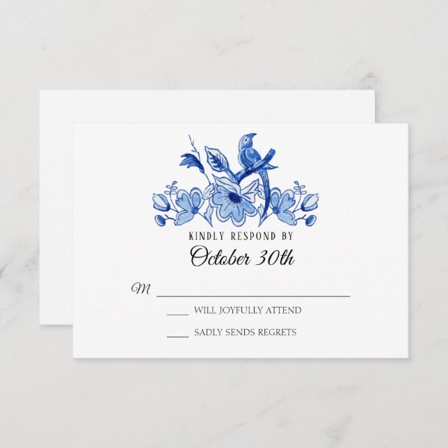 Convite Confirme Casamento Azul Chinoiserie Floral Aquarel (Frente/Verso)