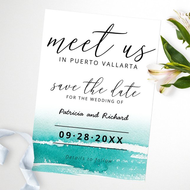 Convite Conheça-nos no Casamento de Destino Teal Save The  (Criador carregado)