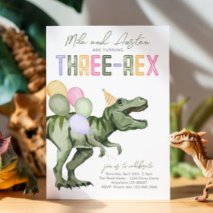 Convite Conjunta De Aniversário De Três Rex Dinoss