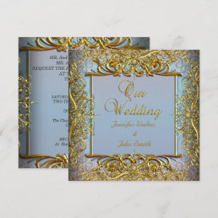 Convite Conjunto Azul de Casamento Elegante Elite Bege Dou