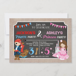Convite Conjunto BIrthday para Princesa e Pirata