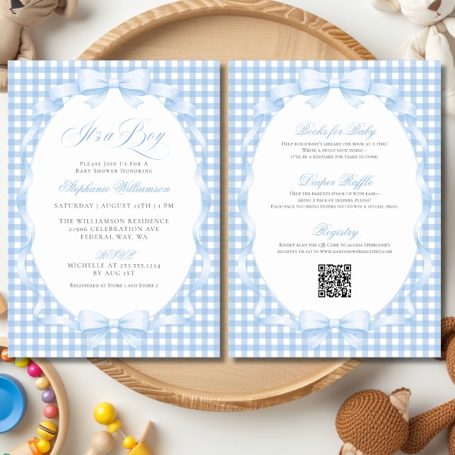 Convite Conjunto Blue Gingham Coquette com Laço para Chás  (Blue Gingham Coquette Bow All-in-One Baby Shower Invitation)